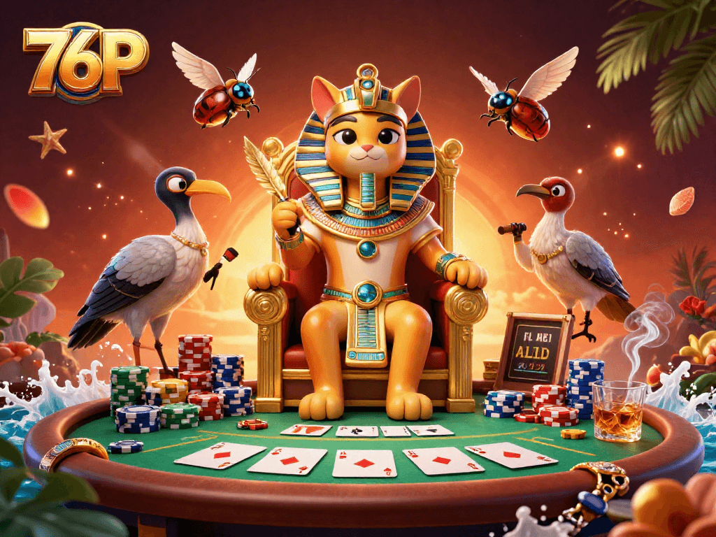 Aposte no cassino 76P com o gato faraó egípcio e elementos de poker vibrantes.