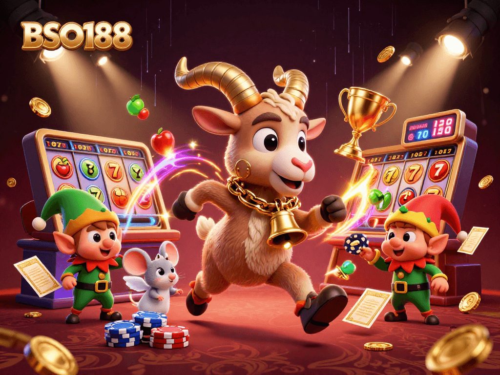Experience the thrill of BSO188 with a lively scene of cartoon characters and thrilling slot game elements in a casino setting.
