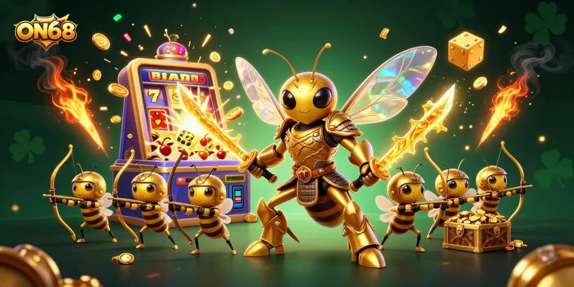 Experience ON68’s thrilling jackpots as a samurai hornet battles with friend archers in a vibrant casino.