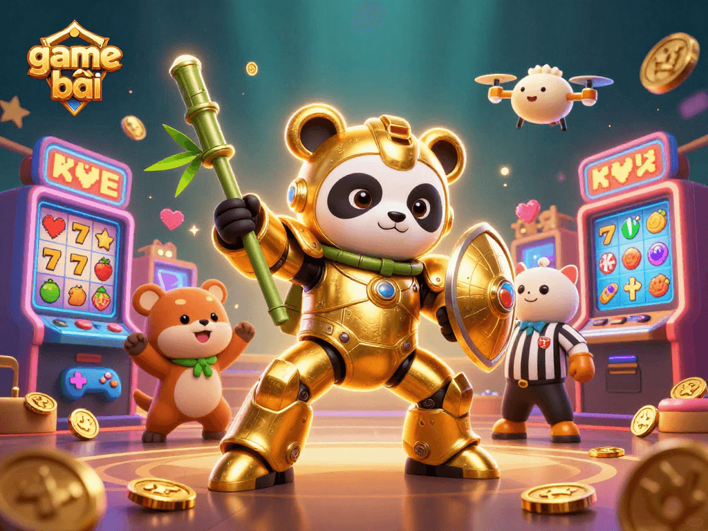 Engage in thrilling game bài action with a mech-suit golden panda battling in a dynamic casino arcade scene.