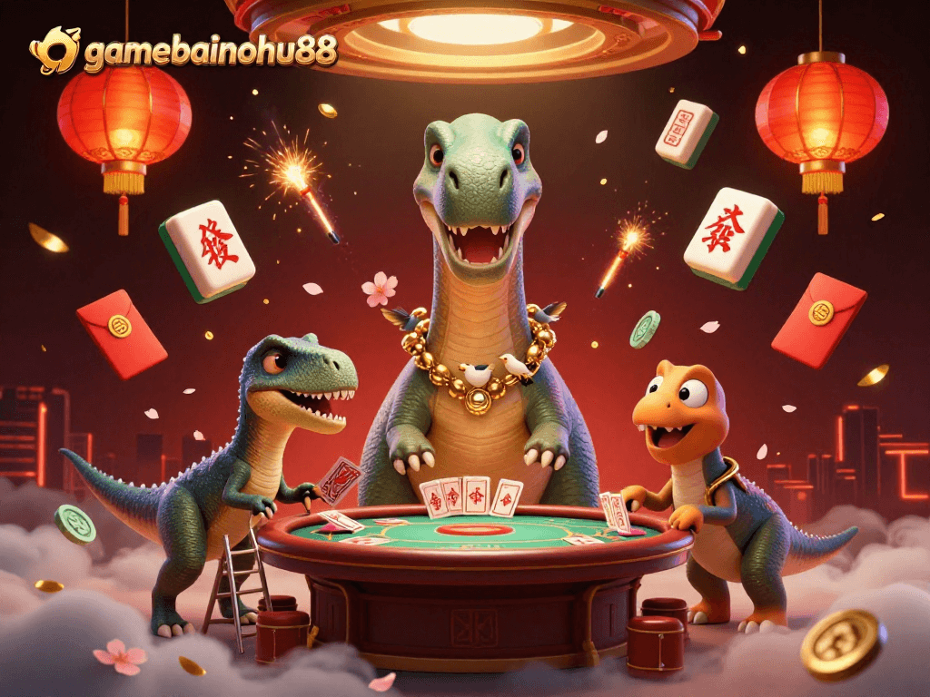 Engage in thrilling gameplay at gamebainohu88 with a dynamic casino scene featuring a grand brontosaurus and clever raptor.