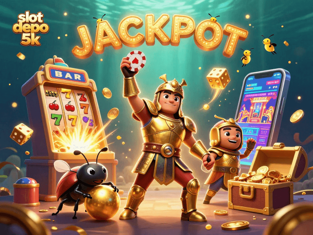 Engage with slot depo 5k as a hercules beetle celebrates a big win with coins and jackpot symbols in a vibrant 3D scene.