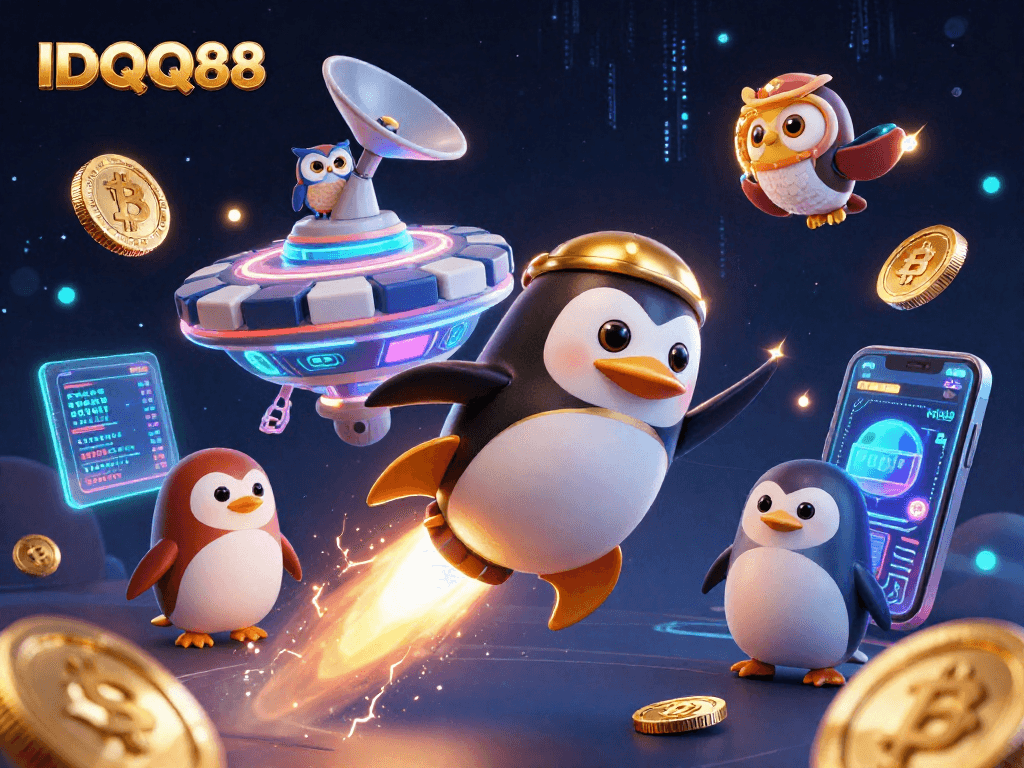 Experience the thrill of IDQQ88 with a dynamic casino scene featuring colorful crypto elements and a golden penguin.
