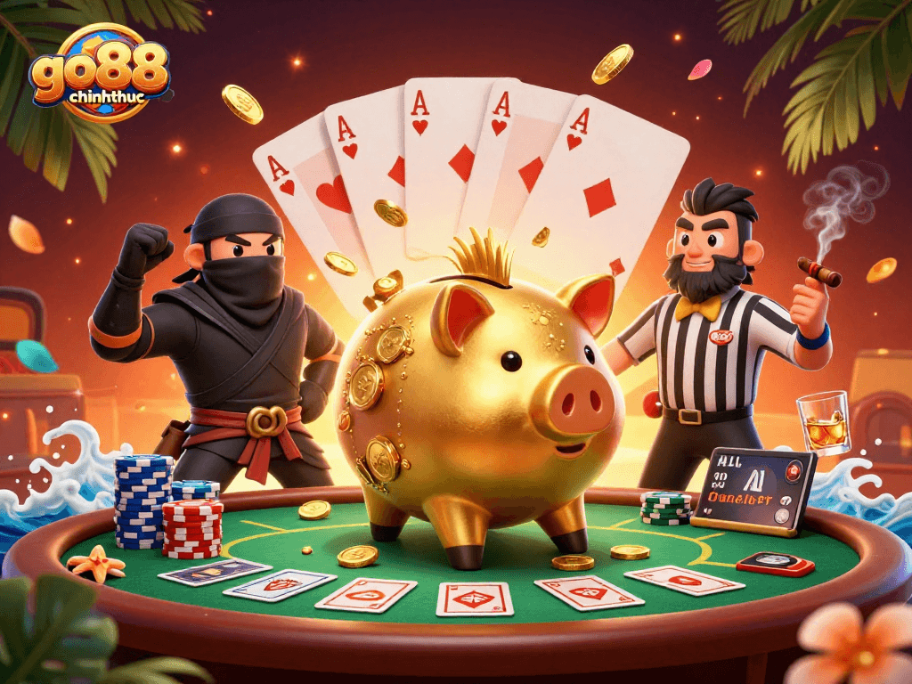 Experience thrilling action with go88chinhthuc's vibrant casino scene featuring a golden piggy bank sumo wrestler.