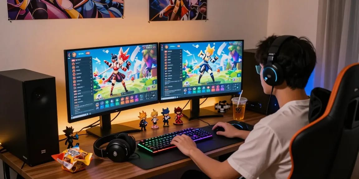 Gamer focused on gacha168 game at home with vibrant screens and collectibles.