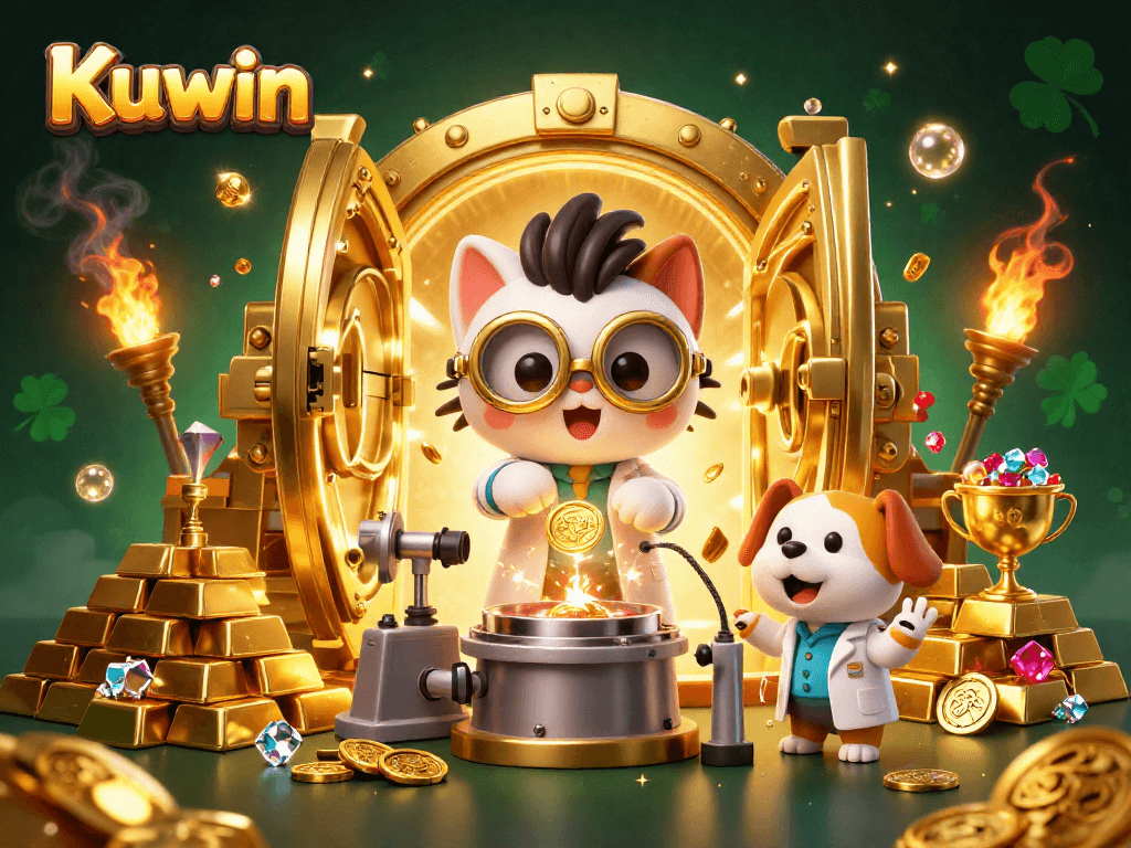 Experience the excitement of Kuwin with a vibrant casino lab scene filled with treasures and dynamic characters.