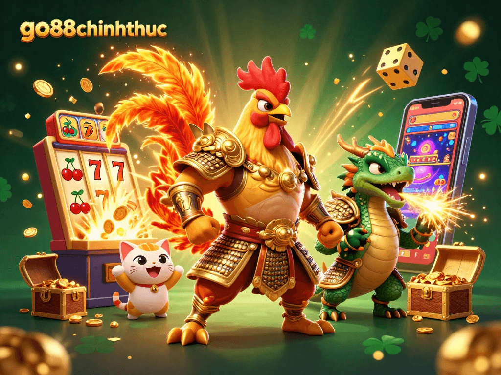 Engage with the dynamic go88chinhthuc casino atmosphere featuring a rooster warrior, dragon, and fortune cat!