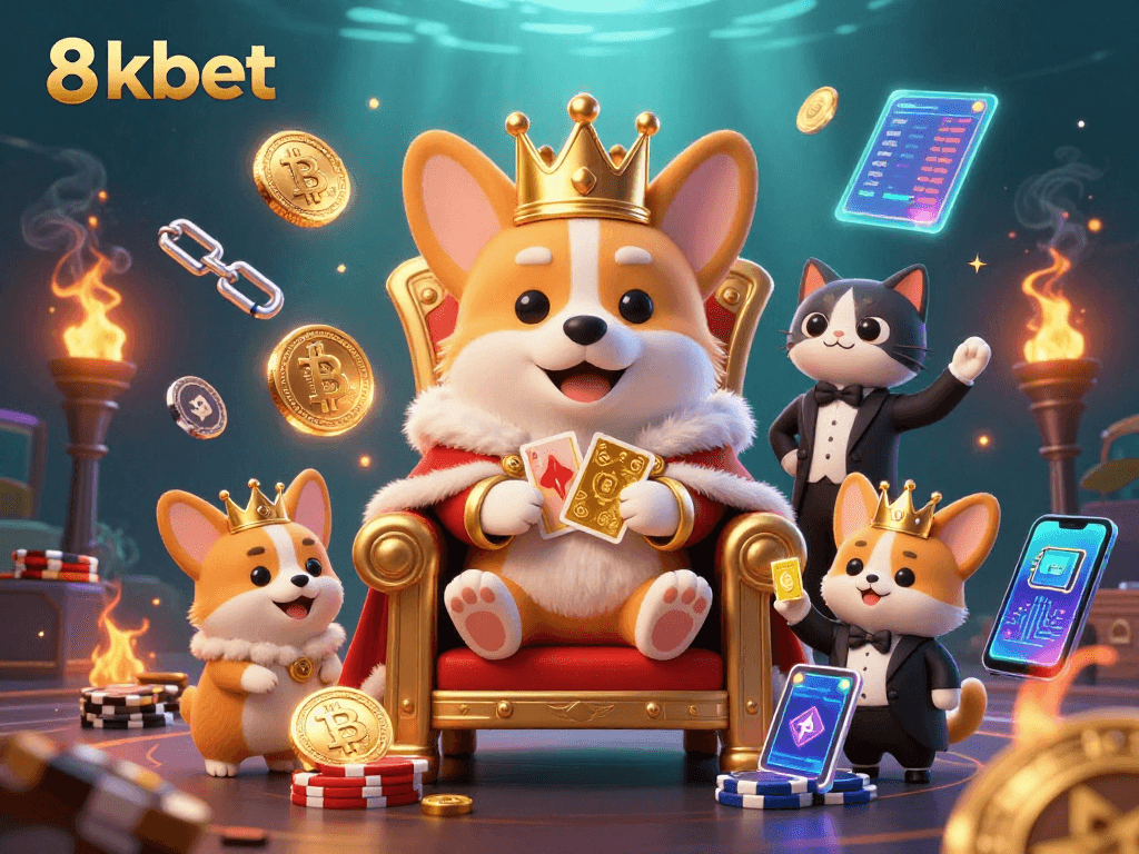 Experience winning at 8kbet with a dazzling casino-themed 3D scene featuring royal characters.