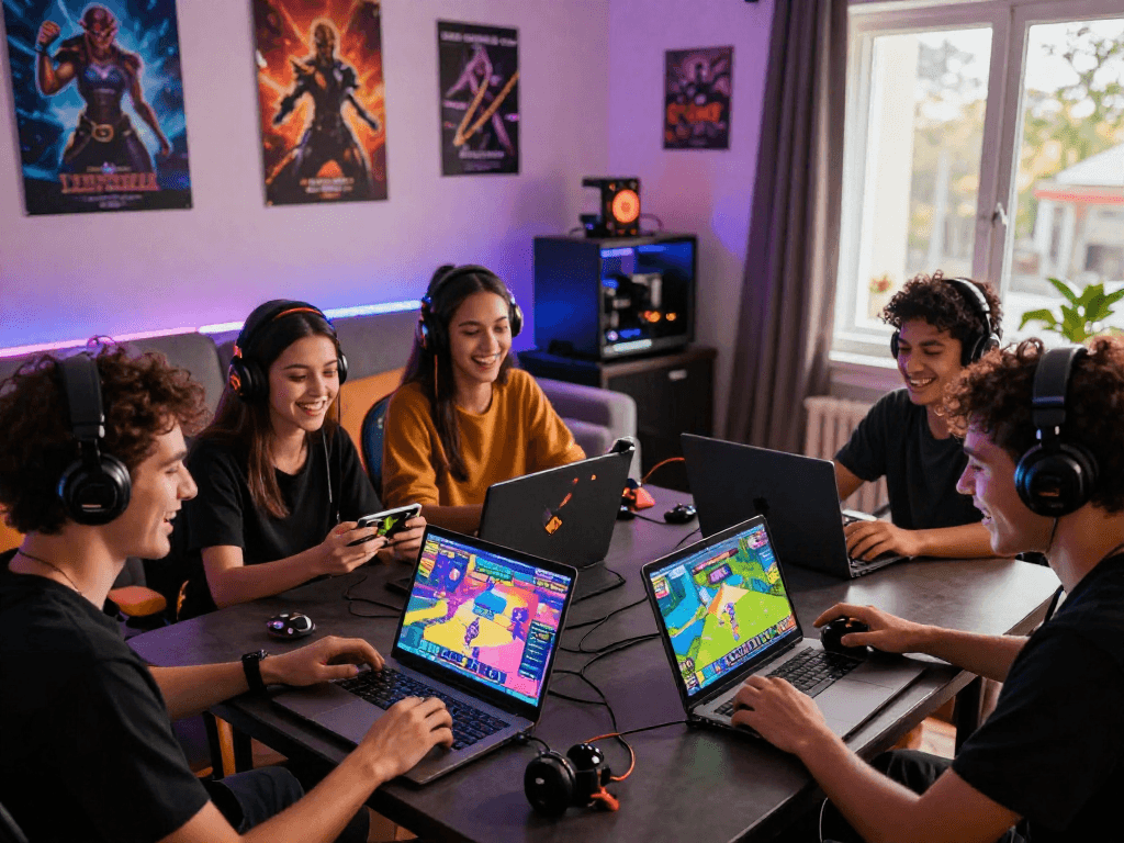 Enjoying online porn games in an inviting space filled with colorful graphics and laughter.