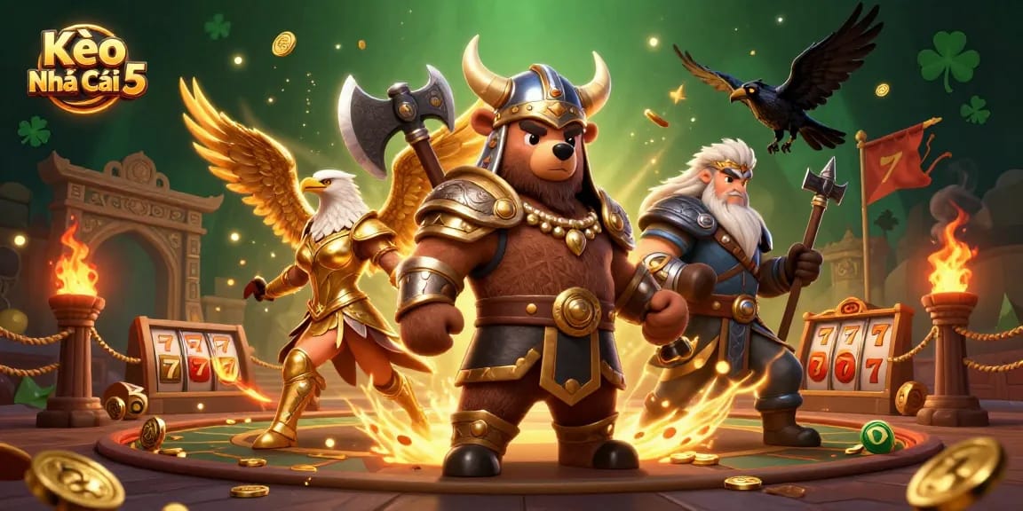 Kèo Nhà Cái 5 showcases a dynamic casino scene with Viking characters and gambling elements.