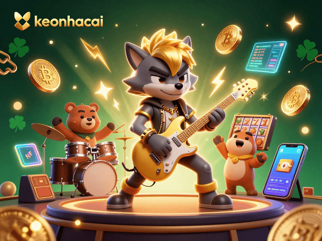 Experience keonhacai excitement as a rock star wolf and drummer bear perform amidst vibrant casino elements.