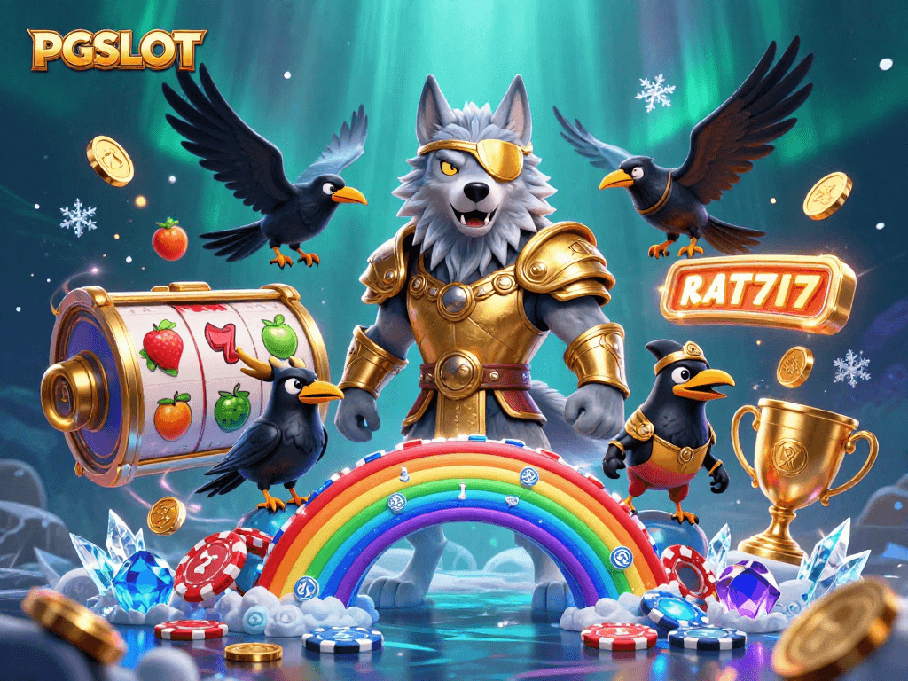 Engaging PGSLOT experience with Odin, ravens, and casino elements creating dynamic gaming atmosphere.