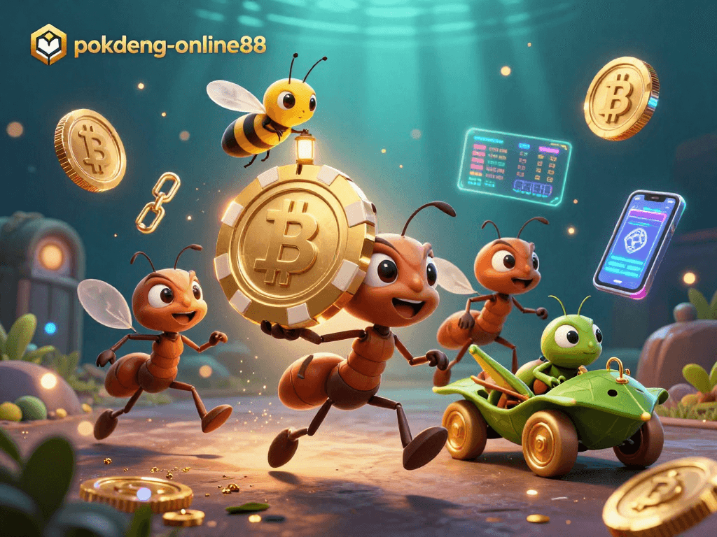 Engage with the exciting world of poker at pokdeng-online88 with a thrilling heist scene featuring whimsical ant characters.