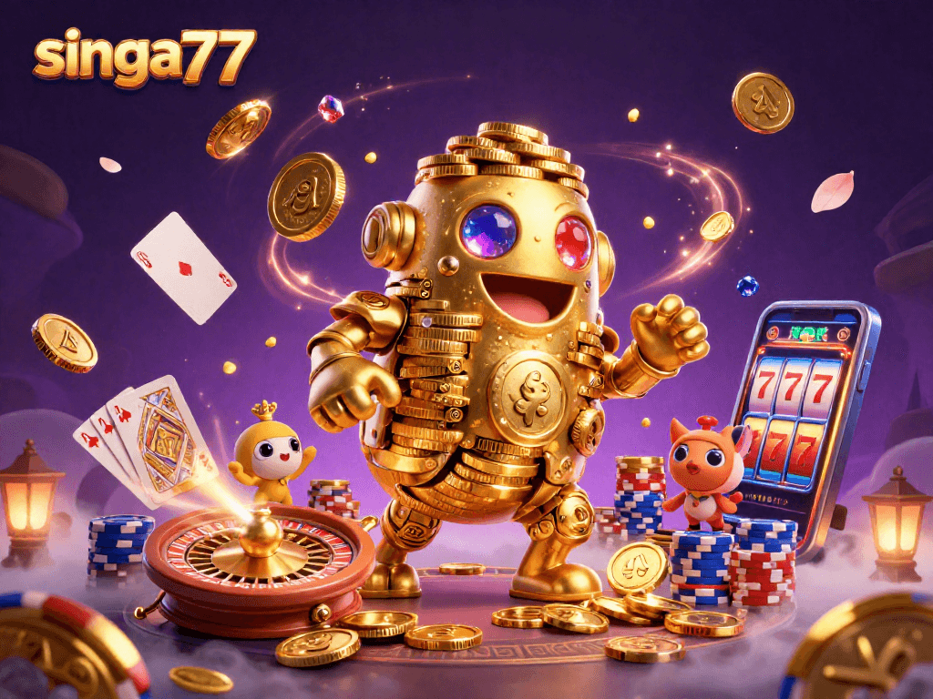 Singa77 showcases a dynamic 3D casino scene with a golden golem, cascading coins, and royal flush playing cards.