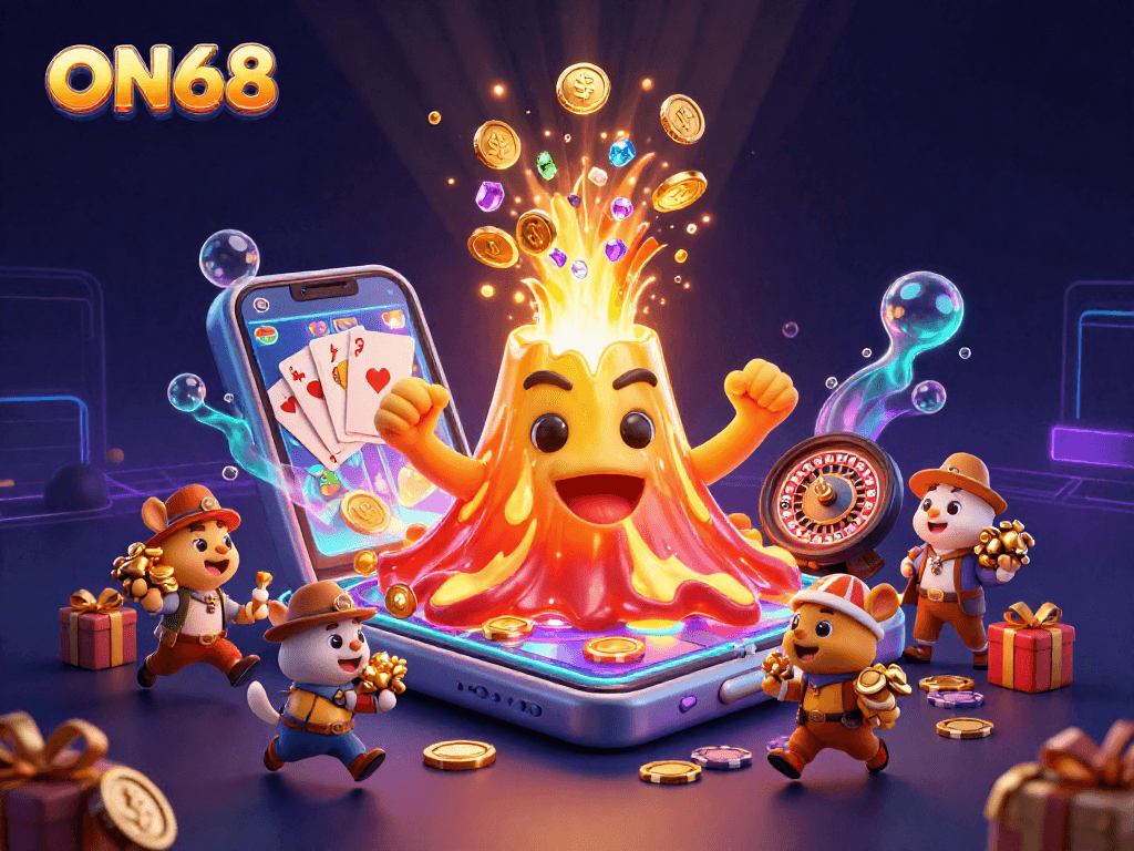 ON68 players winning treasures as a golden volcano erupts coins, emphasizing action and excitement in gaming.