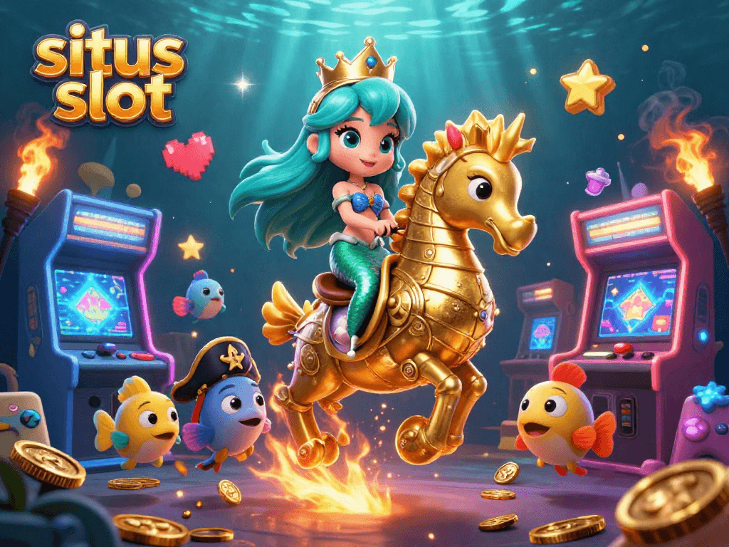 Permainan situs slot dengan putri duyung 3D dan kuda laut emas, dikelilingi simbol permainan