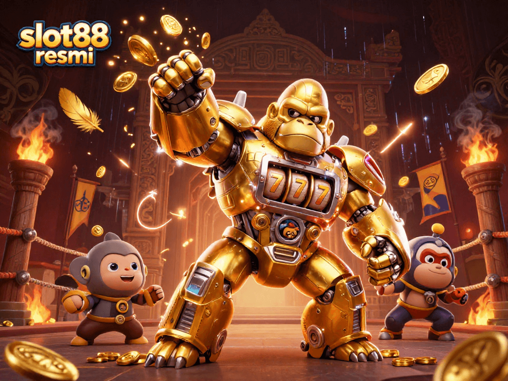 Experience excitement at slot88 resmi with a golden gorilla mech and scatter symbols!