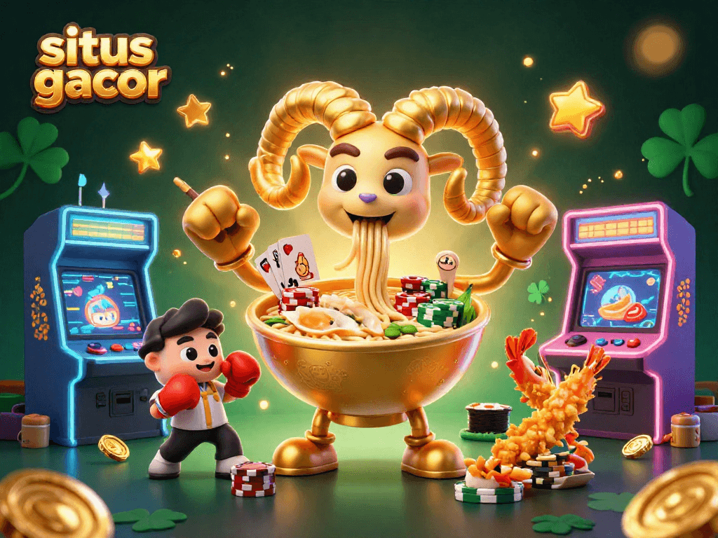 Mainkan situs gacor dengan ilustrasi kasino yang menarik, menampilkan ramen emas dan simbol permainan