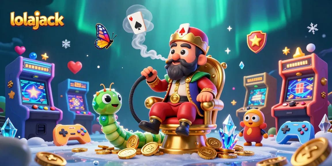 Experience the thrill of lolajack with a vibrant 3D casino illustration showcasing game elements and creativity.