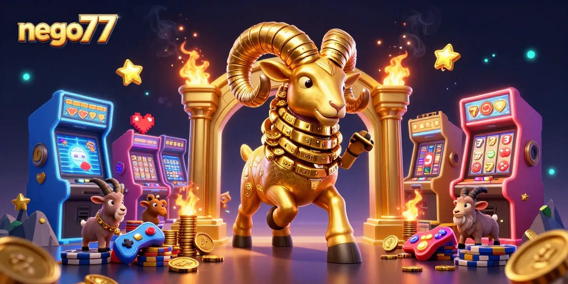 Engage with nego77's thrilling slots promotion, featuring a golden ram charging through a vibrant casino scene.