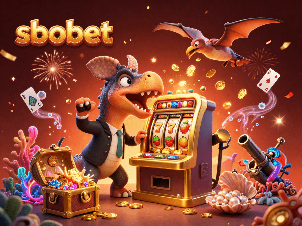 SBOBET frenzy with 3D cartoon dinosaurs celebrating jackpot wins at an energetic casino.