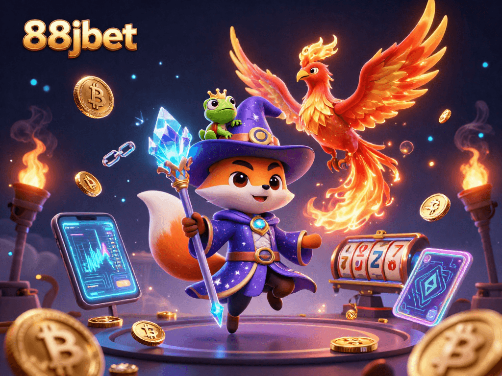 Engage with the vibrant world of 88jbet, featuring a mystical wizard fox and phoenix in a rich crypto casino scene.