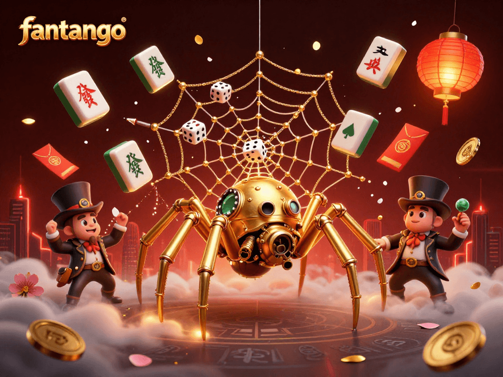 Explore the captivating world of fantango with a steampunk spider and joyful characters amidst rich casino elements.
