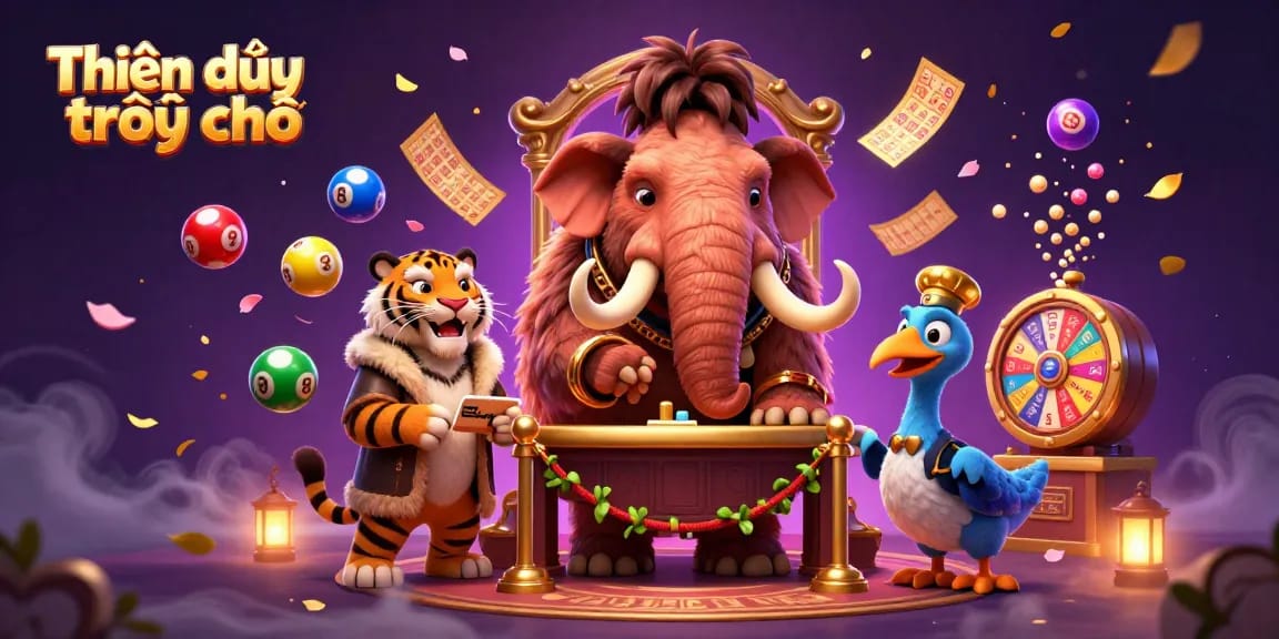 Experience the excitement of Thiên đường trò chơi with vibrant lottery elements and dynamic characters.