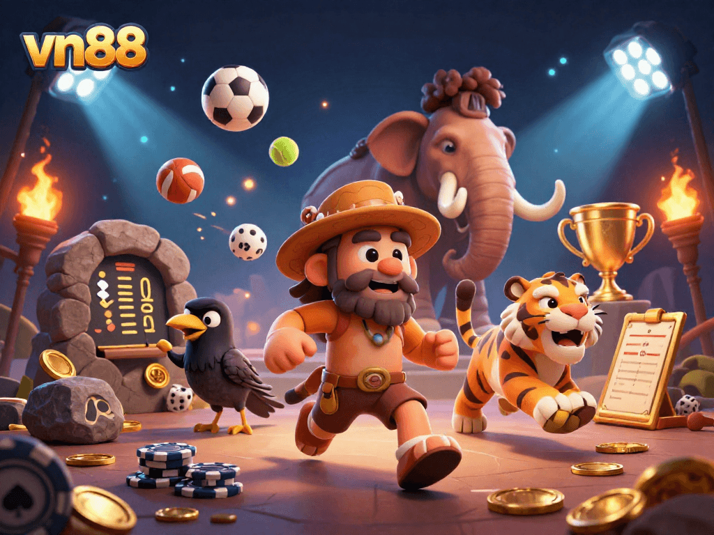 Engage with vn88's dynamic prehistoric casino scene featuring unique gaming elements and colorful characters.