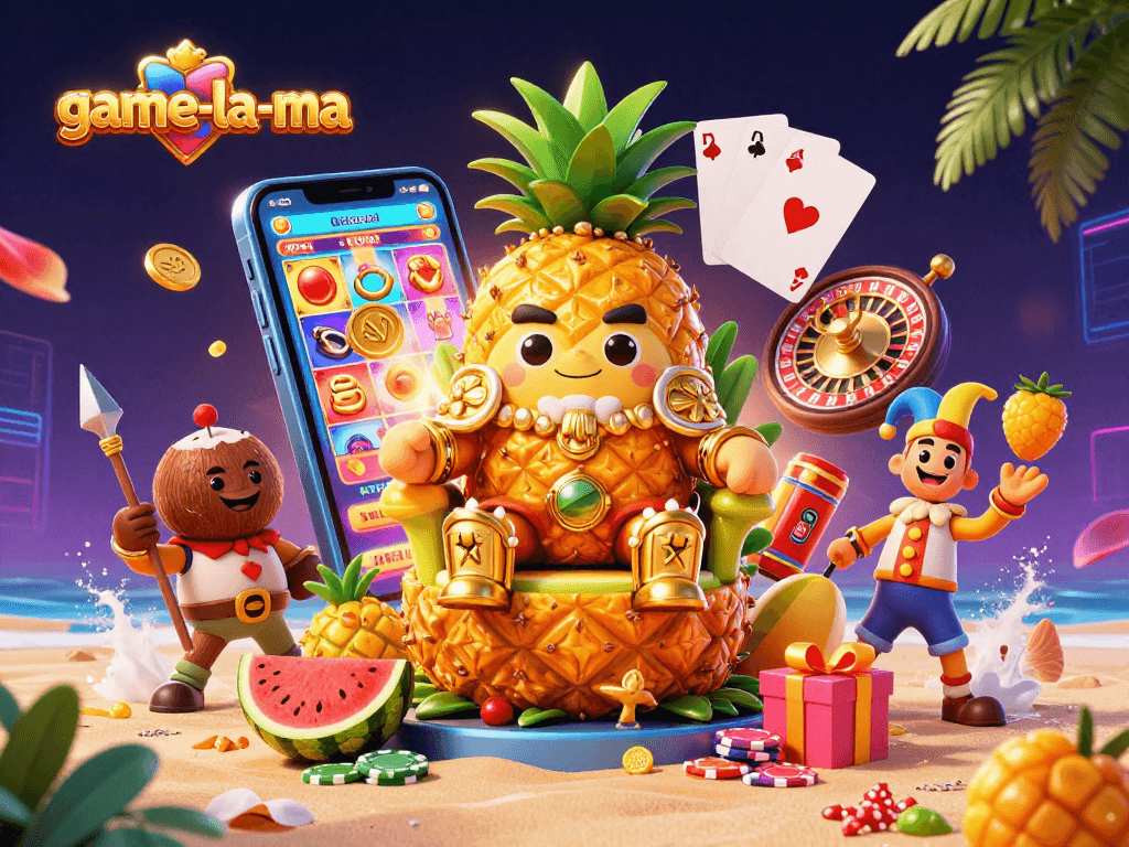 Experience thrilling gameplay at game-la-ma with a vibrant 3D illustration showcasing a casino scene filled with action.