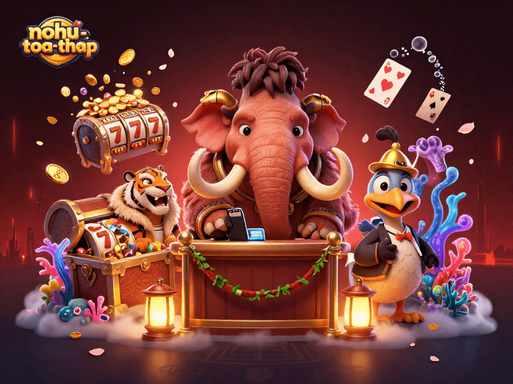 Engage with nohu-toa-thap, a vibrant 3D casino scene showcasing exciting slot elements and characters.
