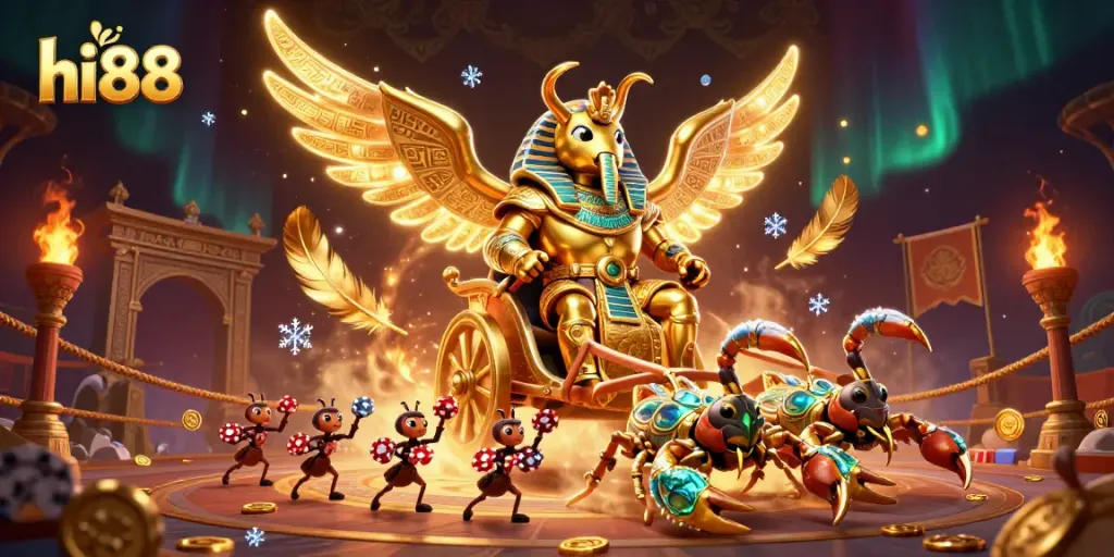 Engage with hi88's vibrant online gaming experience, featuring a majestic golden scarab and dynamic casino elements.