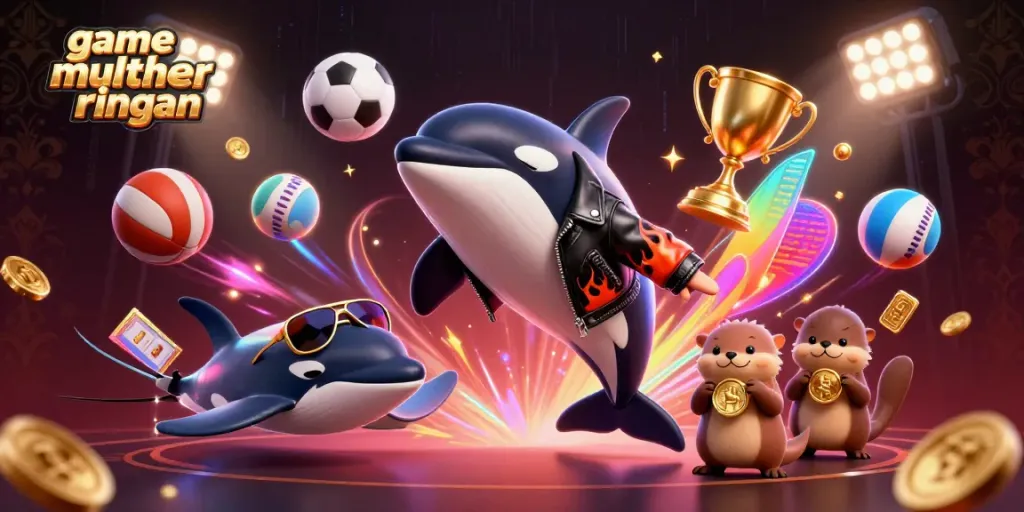 Gambarkan permainan multiplayer ringan dengan orca, stingray, dan beruang laut dalam suasana kasino yang meriah.