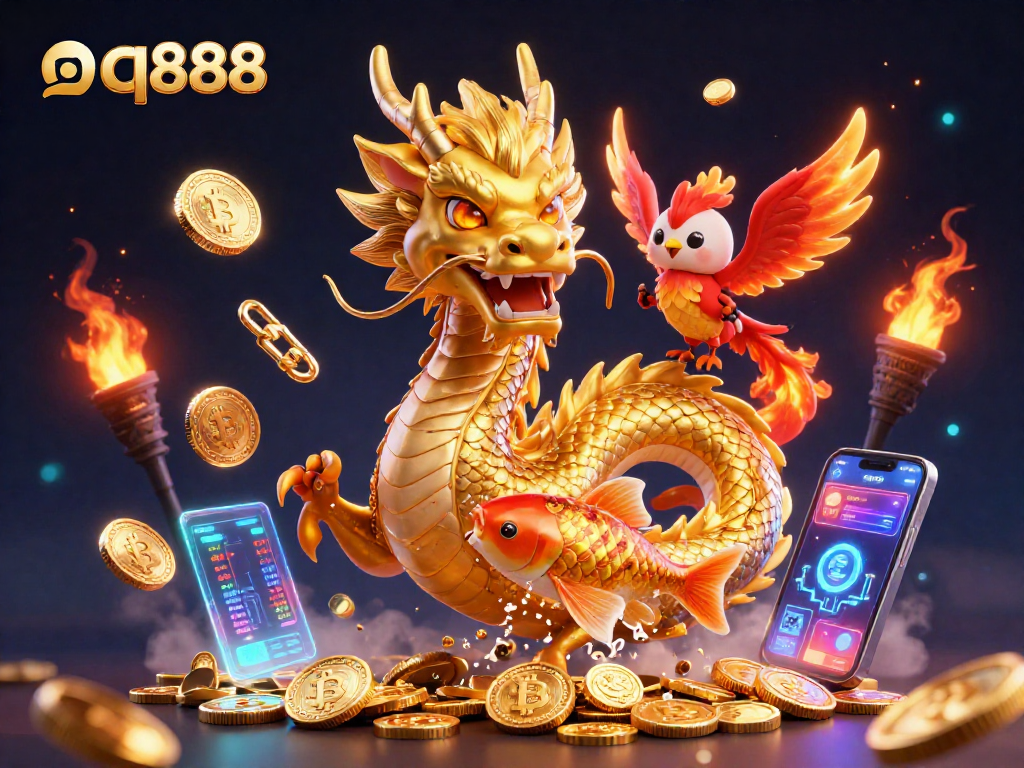 Betting with qq888 in an exciting 3D scene featuring a golden dragon, phoenix, and koi fish.