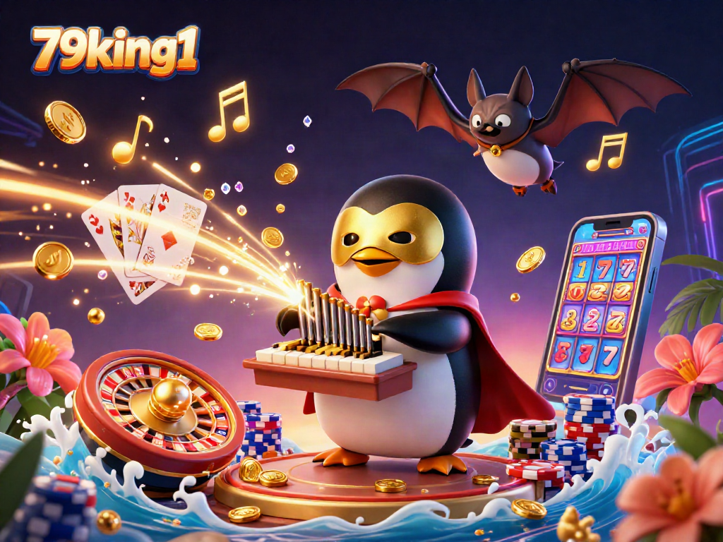 Experience the excitement of 79king1 as the penguin plays an organ shooting golden coins in this vibrant casino scene.
