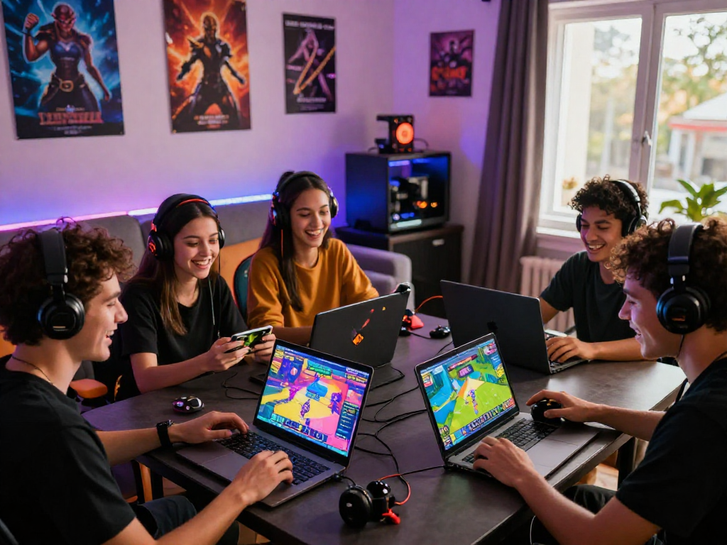 Enjoying online porn games in an inviting space filled with colorful graphics and laughter.