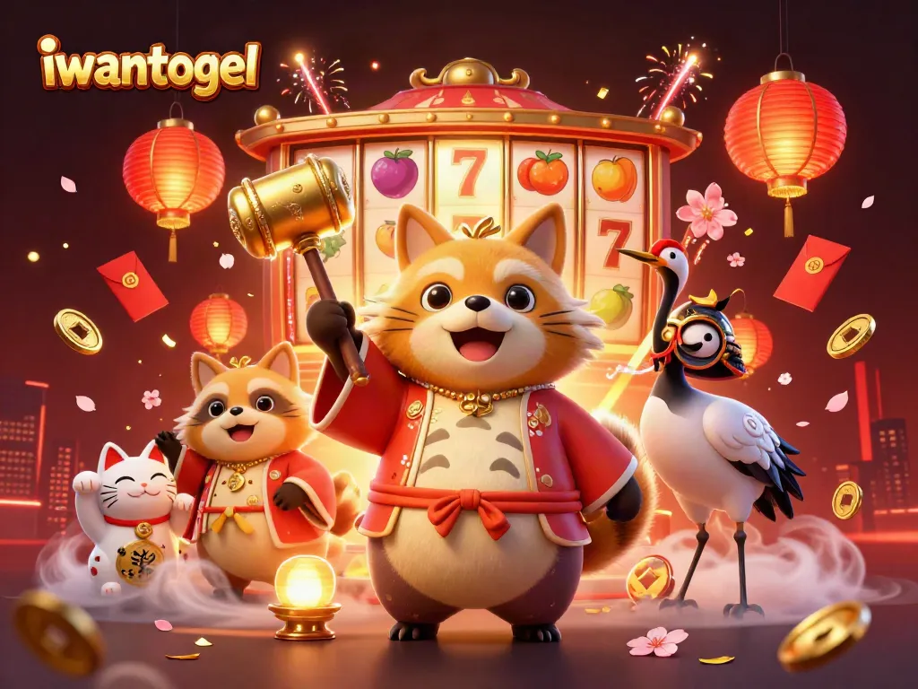 iwantogel menghadirkan suasana kasino dengan tokoh tanuki dan kucing keberuntungan di tengah keceriaan.