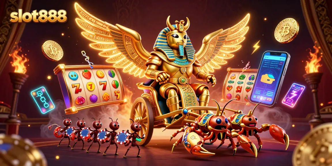 Engage with slot888 action featuring a golden scarab beetle and vibrant slot reels.