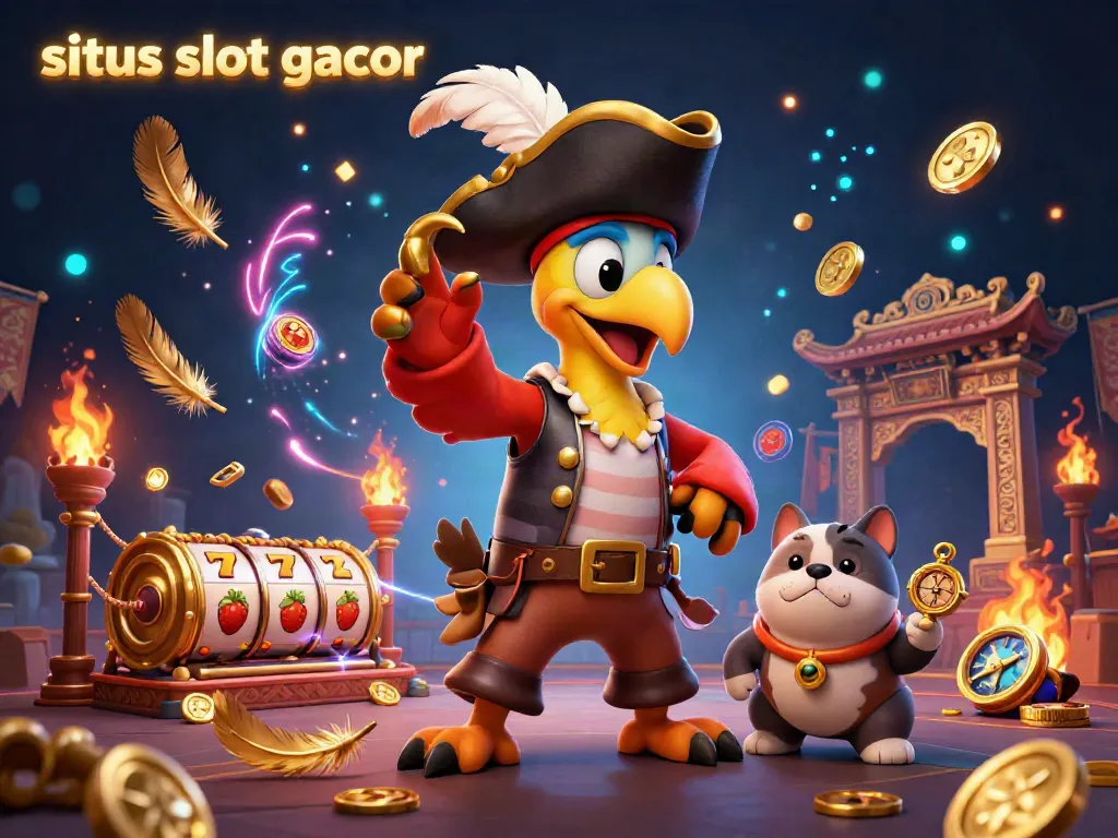 Experience the excitement of situs slot gacor with a pirate captain, bulldog, and cat in a dynamic casino scene.