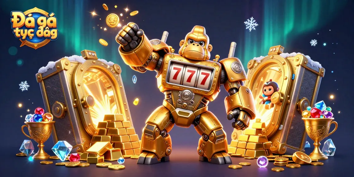 Engage in Đá gà trực tiếp with a vibrant 3D illustration of a golden mechanical gorilla, symbolizing the thrill of live betting.