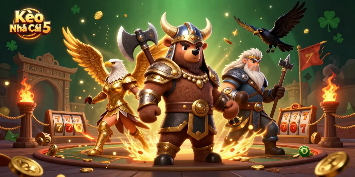 Kèo Nhà Cái 5 showcases a dynamic casino scene with Viking characters and gambling elements.