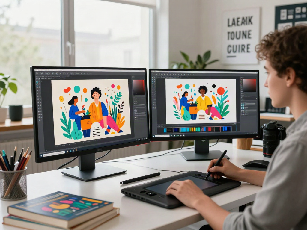 Dynamic workspace showcasing a porn ai generator scene with innovative graphic design tools and creative professionals.