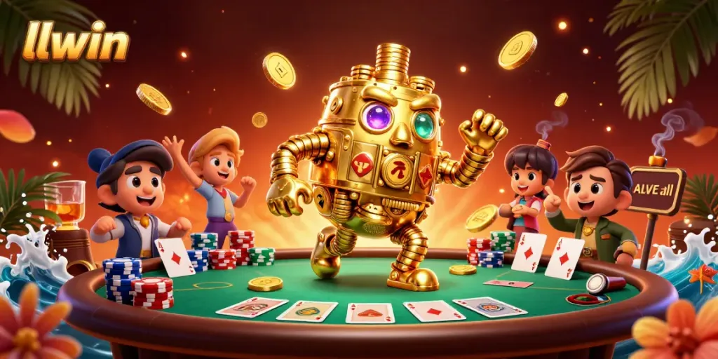 Engage with llwin's vibrant gaming scene featuring a golden golem surrounded by poker elements.