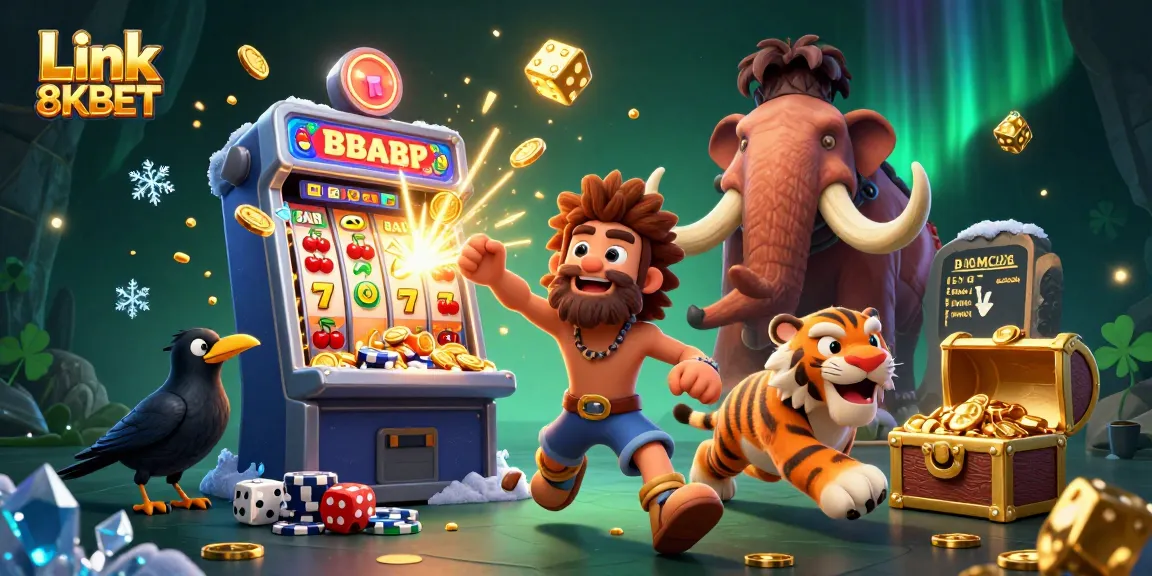 Link 8KBET showcases a thrilling caveman casino scene with vibrant slot action and dynamic gaming elements.