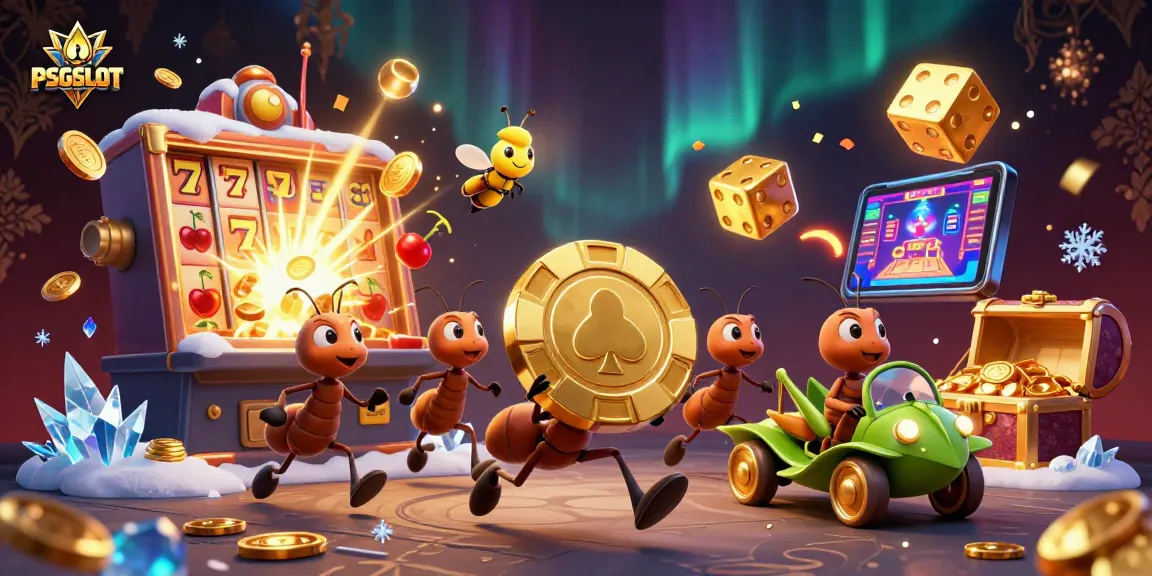 PSGSLOT animation featuring cartoon ants carrying a poker chip in a vibrant casino scene.