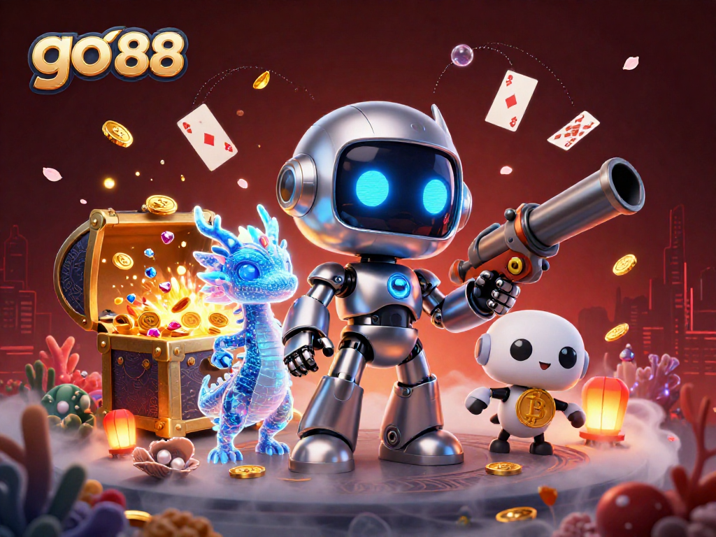 Engage with go 88's vibrant world, featuring a cyberpunk robot and dragon amidst rich casino elements!