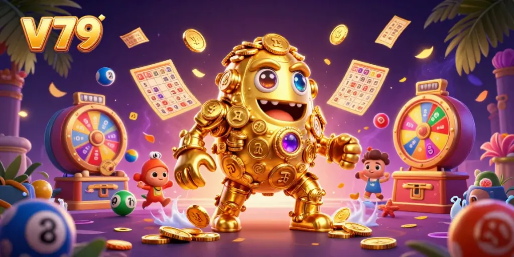 Experience the vibrant gambling energy of v 79 with our golden golem amidst lottery excitement and casino elements.