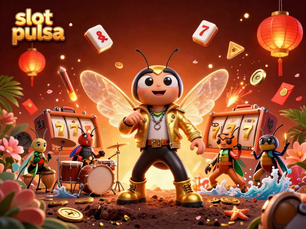 Engage in slot pulsa action with a vibrant 3D scene showcasing slot elements and dynamic characters.