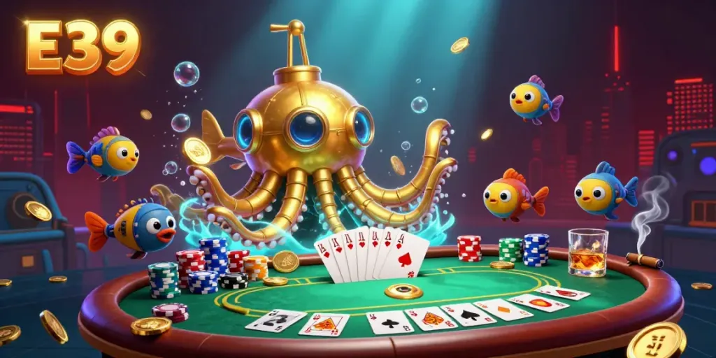 Compete for wins with E39's vivid underwater scene featuring poker action and a golden kraken.