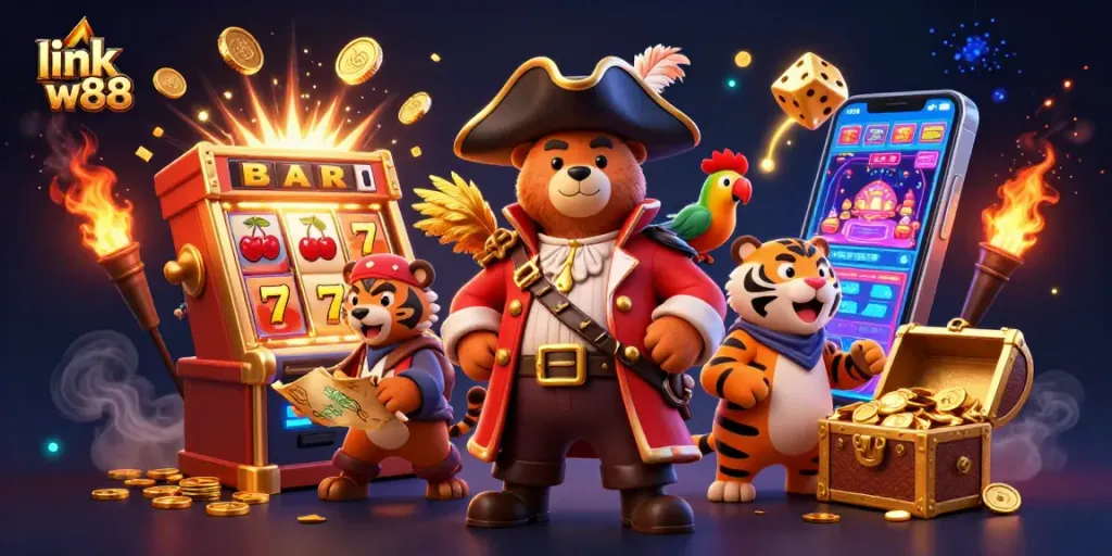 Link W88's thrilling 3D scene captures exciting casino adventures with a pirate bear and tiger.
